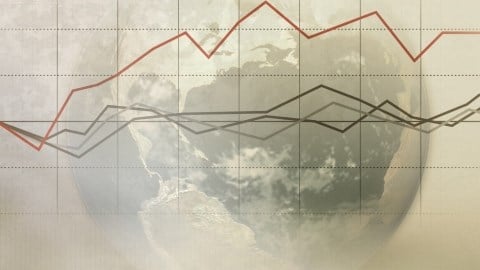Tan colored graph paper with a grid and one red and three gray trend lines with a large globe in the background