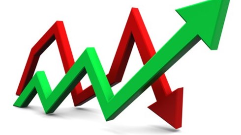 A green arrow showing a gradual rise and a red arrow showing a rise and then a sharp fall