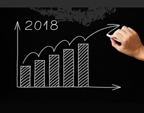 In a graph for 2018 a hand draws a wavy line to mark the growth of 5 bars in a graph finally extending up and out as an arrow