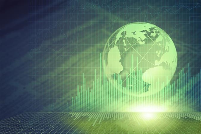 An abstract of a globe with bar graphs reflecting across the bottom and in front of the globe