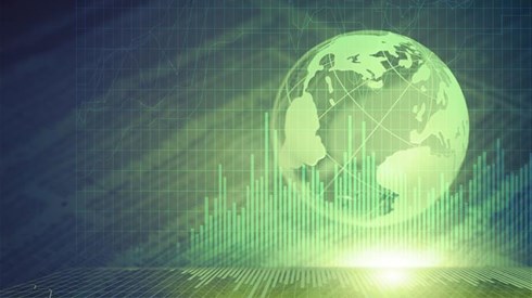 An abstract of a globe with bar graphs reflecting across the bottom and in front of the globe
