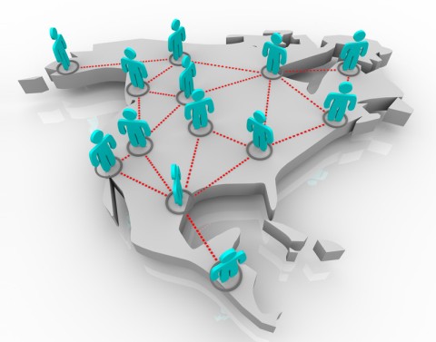 Blue people figures connected across North America
