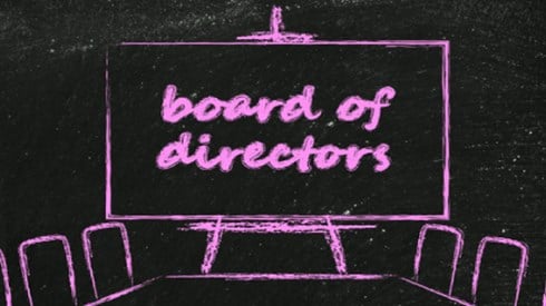 Drawing of a board room with a board reading Board of Directors