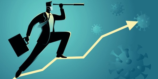 Businessman Wearing Mask Climbs Upward Arrow Looking through Telescope at Bacteria Molecules
