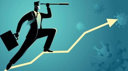 Businessman Wearing Mask Climbs Upward Arrow Looking through Telescope at Bacteria Molecules