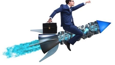 Businessman on Dollar Sign Rocket