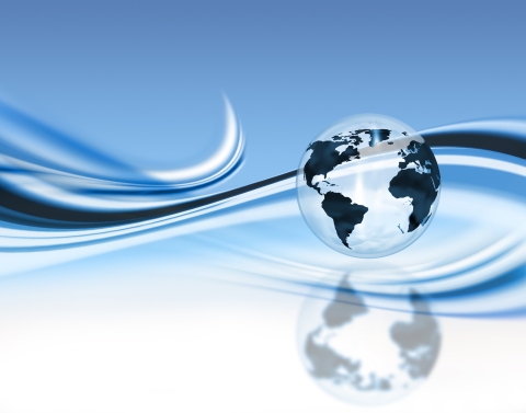 Abstract Clear Globe and Reflection Against Blue Background Surrounded by Swirls