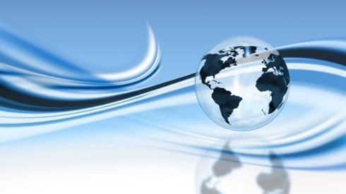 Abstract Clear Globe and Reflection Against Blue Background Surrounded by Swirls