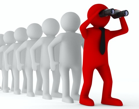 Line of transparent 3D stick figures led by a red figure with a black tie and looking through binoculars