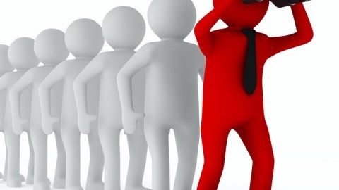 Line of transparent 3D stick figures led by a red figure with a black tie and looking through binoculars