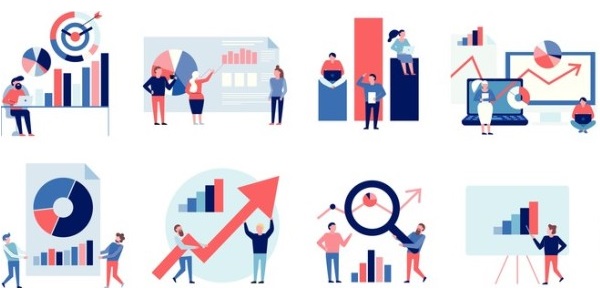 Collage of 8 scenes illustrating people interacting with data