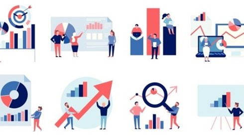 Collage of 8 scenes illustrating people interacting with data