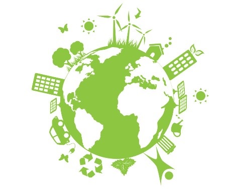 A circular view of planet Earth with green oceans and green icons of modern life elements