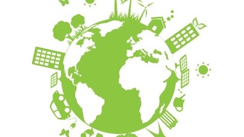 A circular view of planet Earth with green oceans and green icons of modern life elements