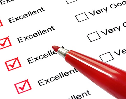 A list of ratings with all of the "excellent" boxes checked in red pen with the red pen visible in the picture