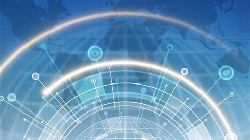 Abstract with flat world map in background, graphed globe with lines, circles, and computer generated drawings