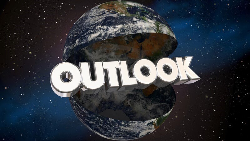 Outlook in block text inside the Earth in outer space