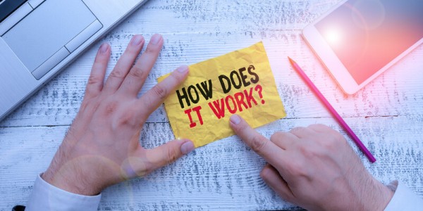 On a wooden table a businessman has a laptop, cellphone, pencil and in his hands a small note saying HOW DOES IT WORK?