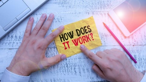 On a wooden table a businessman has a laptop, cellphone, pencil and in his hands a small note saying HOW DOES IT WORK?
