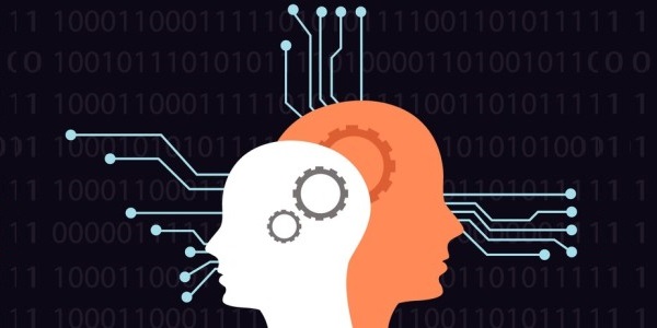 Human heads with gears facing away each other and radiating electricity