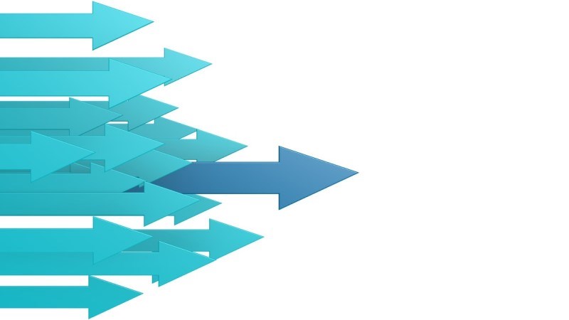 Several sky blue arrows of different lengths pointing right with one dark blue arrow extending farther than the others.