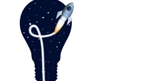 A lightbulb with stars in it and a rocket taking off