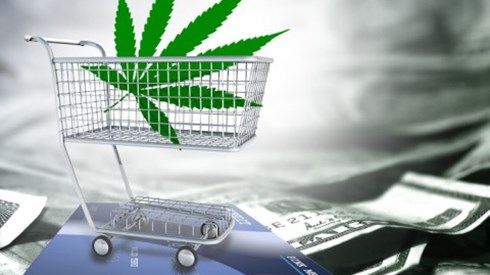 Marijuana Leaf In Shopping Cart On Credit Card And Dollar Bills