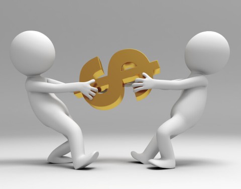 Two 3D bubble human icons in a tug-of-war with a golden dollar sign