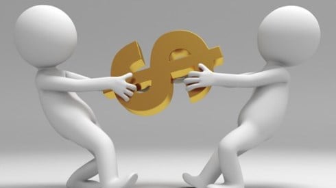 Two 3D bubble human icons in a tug-of-war with a golden dollar sign