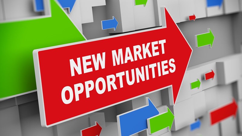 Words New Market Opportunities in white on red arrow pointing right with other multicolored right-point arrows in background
