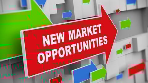 Words New Market Opportunities in white on red arrow pointing right with other multicolored right-point arrows in background