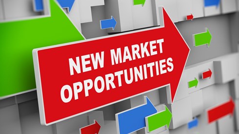 Words New Market Opportunities in white on red arrow pointing right with other multicolored right-point arrows in background