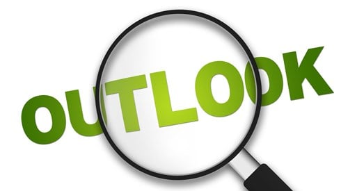 The word OUTLOOK written in green as seen through a magnifying glass