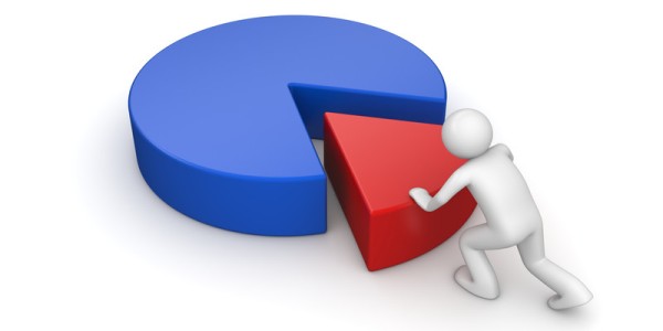 A 3D bubble human figure is inserting a red small segment into a blue pie chart