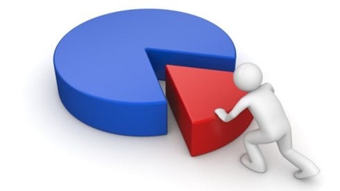 A 3D bubble human figure is inserting a red small segment into a blue pie chart