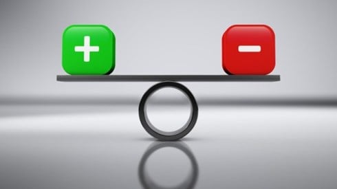 Balance board with a green cube marked with a plus sign on the left and a red cube marked with a minus sign on the right