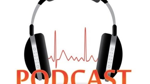 PODCAST in large red letters in front of headphones with red electrocardiogram line tracing passing between the ear cushions