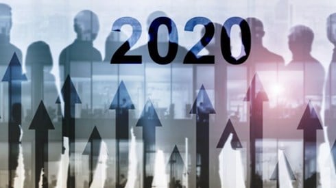 Silhouettes of people across a pastel background with upward arrows coming from the bottom and 2020 in the foreground