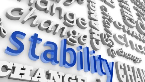 In the middle of a white wall with the word Change in different fonts and directions is the word Stability in blue.