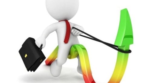 3D bubble businessman icon with briefcase is riding a multi-colored statistical line pulling rein tied just below arrowhead