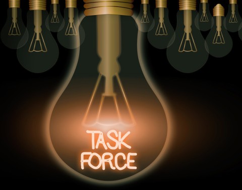 Task force written in neon inside lightbulb
