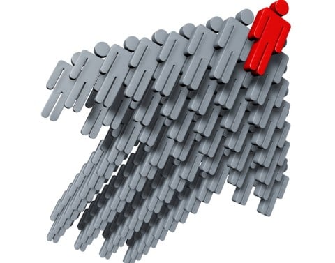Gray Arrow Comprised of People and Red Person at Point