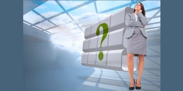 Woman standing and thinking in a room with a large green question mark and blue sky and clouds filtering through the skylight
