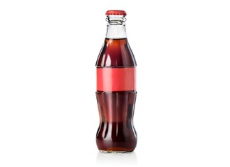 A glass soda bottle with a plain red label with no visible writing and a red cap containing brown liquid