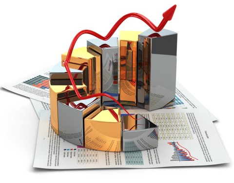 An arrow is bouncing from the tops of a 3D growing circular bar graph which is sitting on top of financial reports