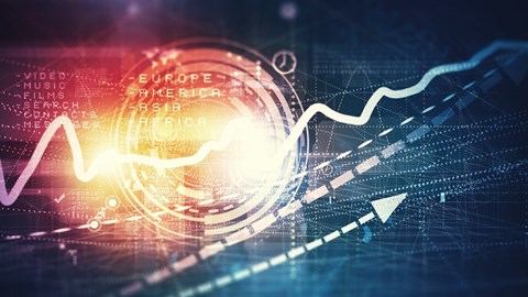 Upward arrow and line graph with digital financial symbols in the background
