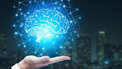 In a businessman´s palm is a hologram of a brain emitting connected lines and points in front of a city´s nighttime skyline