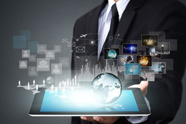 Businessman holding tablet with 3D global icons
