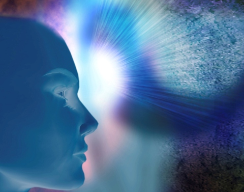 Abstract CGI bhlue human head with light shooting from forehead
