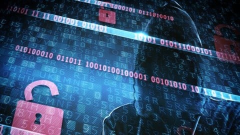 Person in a hoodie with computer code and red locks covering the image
